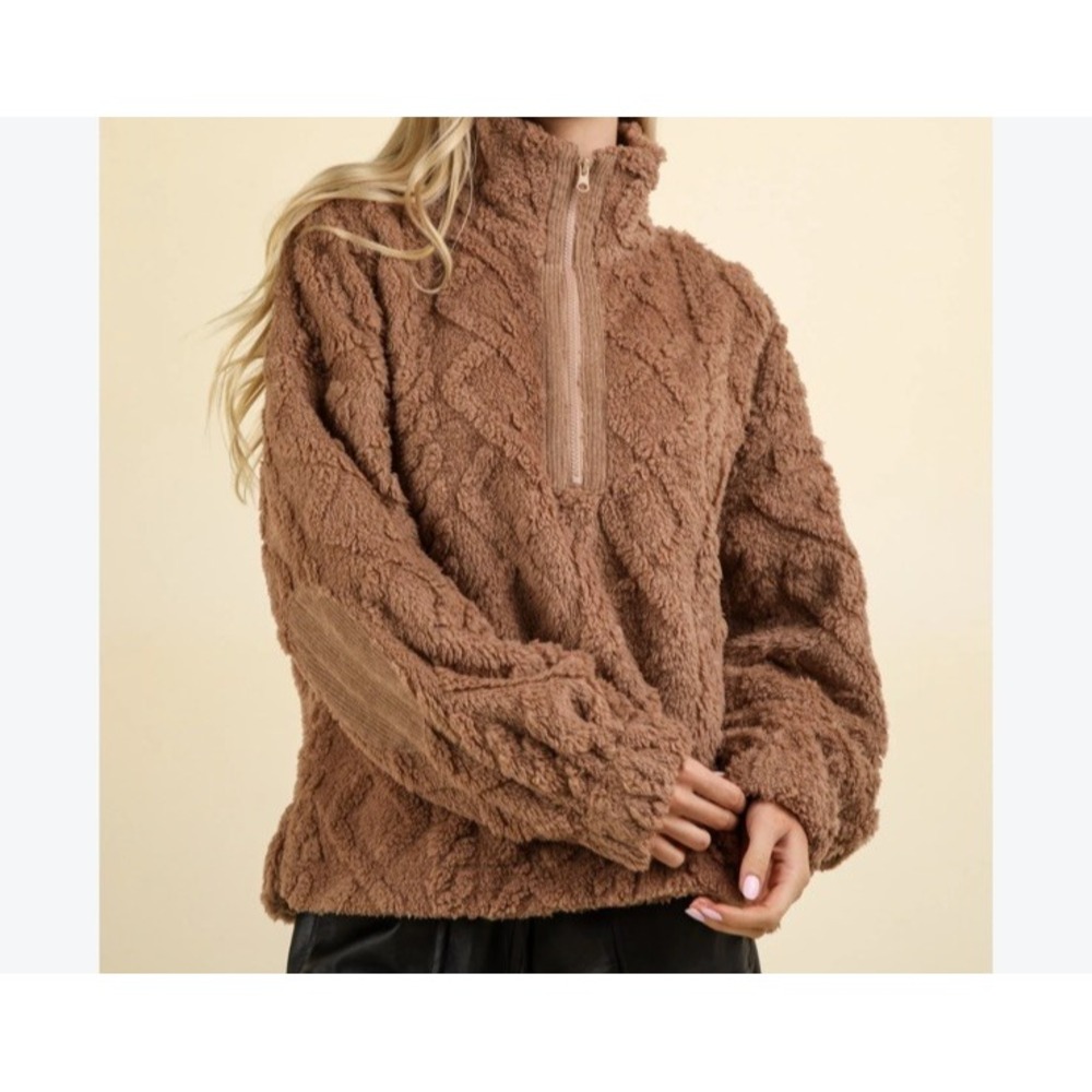 Homebody Pullover Womens Medium Brown Soft Sherpa Fleece Quarter Zip Elbow Patch